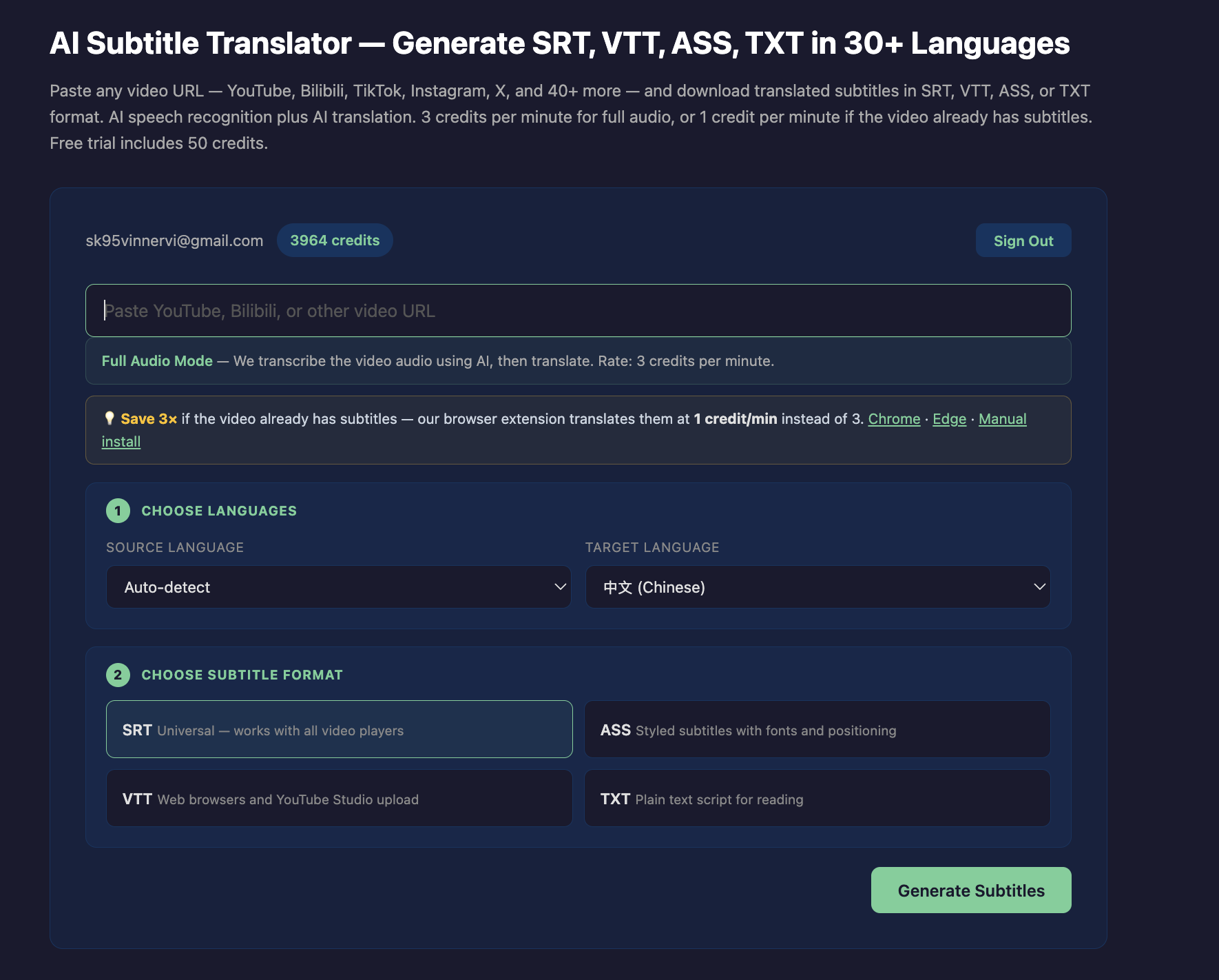 Download translated subtitles in SRT, VTT, ASS, or TXT format from any public video URL